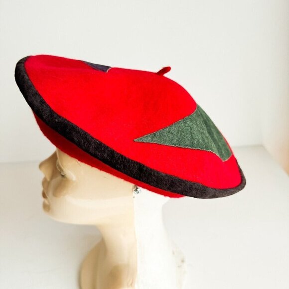 Vintage Unique Red Wool Patchwork Detail Beret main image 5